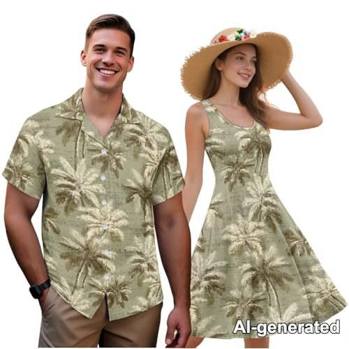 Image of Hawaii Matching Couple Outfits Husband and Wife Clothing Fashionable Mens Casual Shirts Hawaii Dress with Soft Fabric