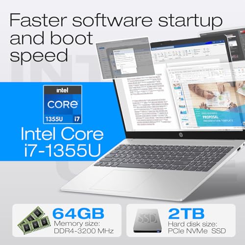 Image of HP 15.6 inch Full HD Touchscreen Business Laptop, Intel Core i7-1355U, 64GB DDR4 RAM, 2TB SSD, Windows 11 Pro Copilot AI,Numeric Keypad,Fast Charge, Office 365 for The Web with Laptop KB Kit