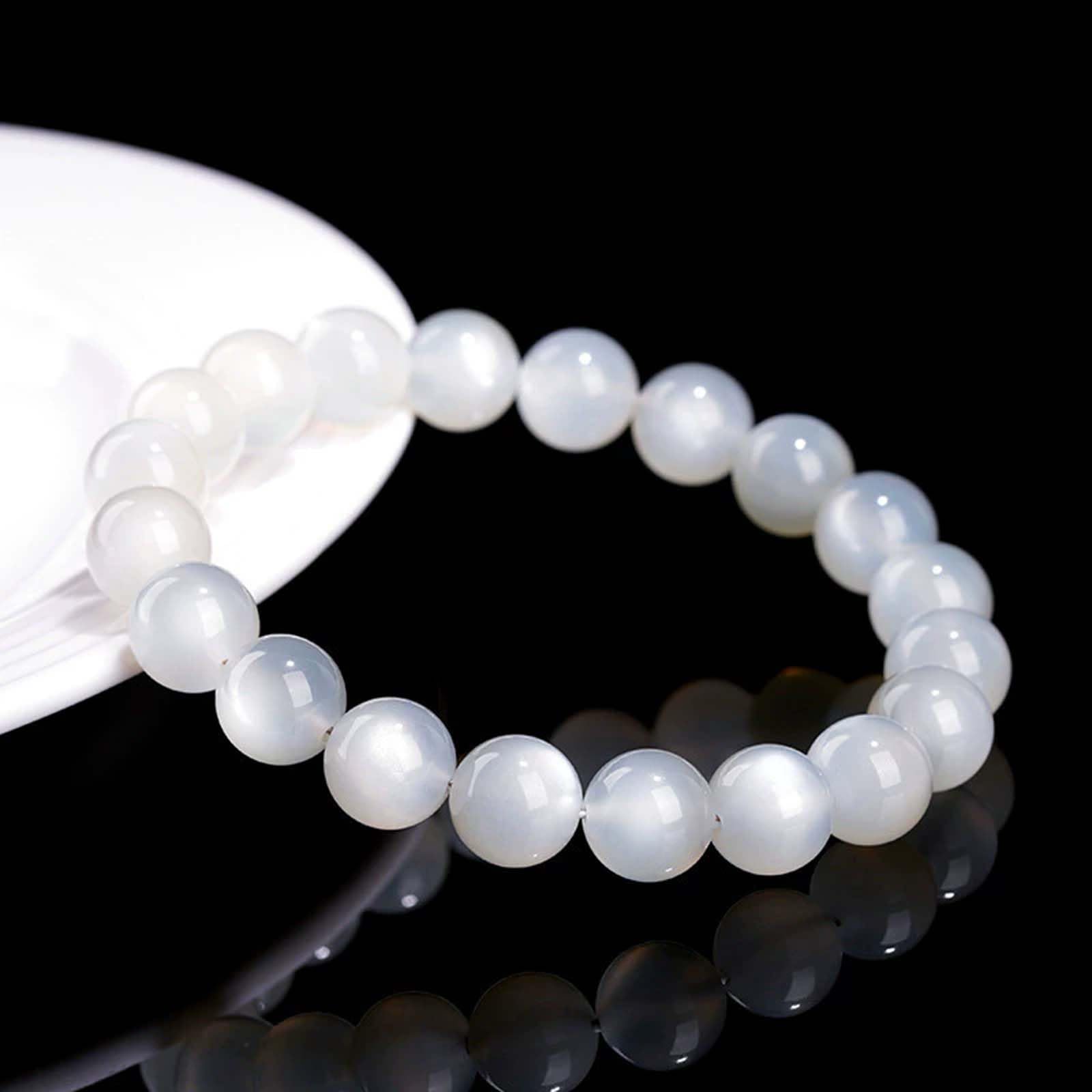Elegante Pulsera de Cuentas Redondas de Piedra Lunar Blanca