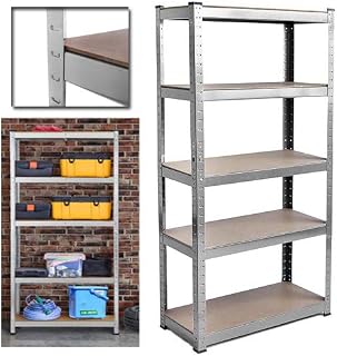 180cm x 90cm x 40cm Steel & MDF Boltless Shelves, Galvanised 5 Tier Garage Shelves Shelving Unit Heavy Duty Storage Shelf 175KG Per Shelf 875KG Capacity, 5 Year Warranty UK Stock
