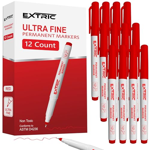 Extric Permanent Markers Ultra Fine Tip, Red, 12 Pack, Quick Drying, Waterproof, Fade Resistant Artist Markers For Wood, Plastic, Metal, Paper &Amp; More, Fine Line Drawing, Coloring