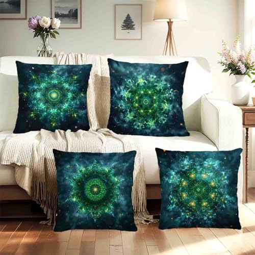 Housse de coussin vert 40x40 cm en lin imperméable motif mandala avec fermeture éclair cachée - 3