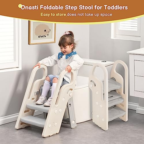 Onasti Foldable Step Stool For Bathroom Sink, Adjustable 3 Step Stool For Kids Toilet Potty Training Stool With Handles, Child Kitchen Counter Stool Helper, Plastic Ladder For Toddlers Grey thumb #3