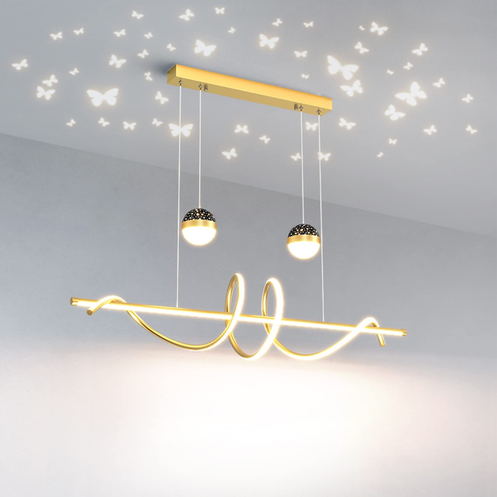 Modern Dining Table LED Dimmable Black Pendant Lamp with Remote Control Height Adjustable Chandelier for Living Room Dining Room Bedroom Kitchen Office (Gold, L100cm)