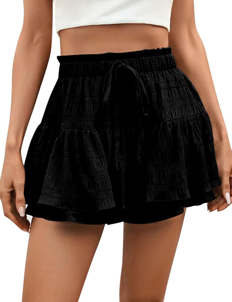 IDEALSANXUN Flowy Shorts for Women 2025 Spring Summer Ruffle Tiered Skorts Elastic High Waist Drawstring Golf Tennis Beach Mini Skirt, Black, XL
