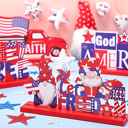 Image of Jetec 4 Pcs Patriotic Table Decorations 4th of July Wooden Table Centerpieces Red White Blue Gnome Wood Sign for 250 Years Anniversary Veterans Memorial Day Independence Day Home Decor (Classic)