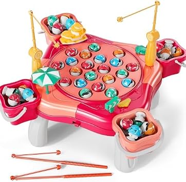 JUKUDAHU Magnet Fishing Game for Kids Toddlers Aged 3 4 5 6 7 8 - Fishing Toys with 48 Fishes Toys, 8 Poles, Rotating Board Game with On-Off Music, Educational Birthday Gifts for Boys Girls 1-3 Pink