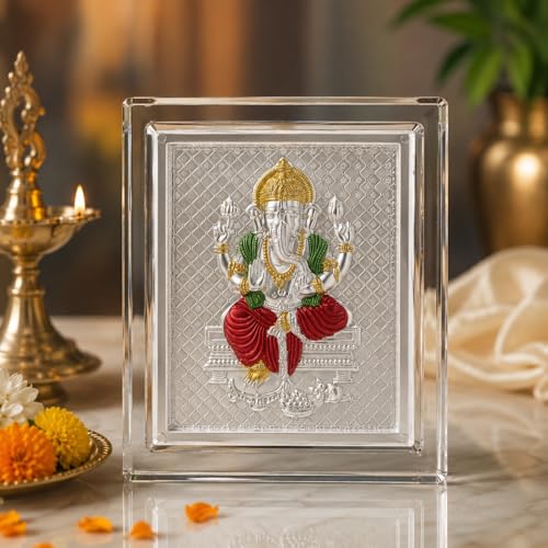 Image of 999 Silver Meenakari Ganpati Bappa Photo Frame for Home & Puja Room | Designer Vighnaharta Gajanan Ganesh Silver Tasveerfor Office Desk, Car Dashboard, Auspicious Gift for Housewarming, Return Gifts- 11x9x4 CM