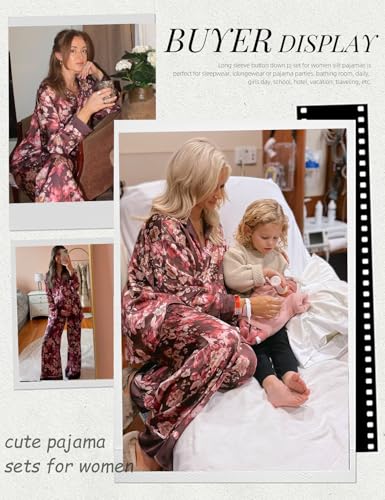 Image of Arssm Satin Pajama Set for Women Silk Pajamas Set 2 Piece Floral Pj Set Long Sleeve Button Down Pjs Sleepwear