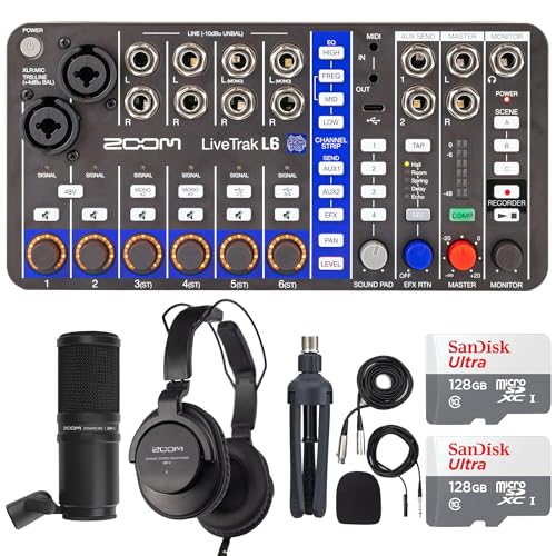 Zoom LiveTrak L6 10-Track Digital Mixer/Recorder with Zoom ZDM-1 Podcast Mic Pack Accessory Bundle and 2x SanDisk 128GB microSDXC Memory Card