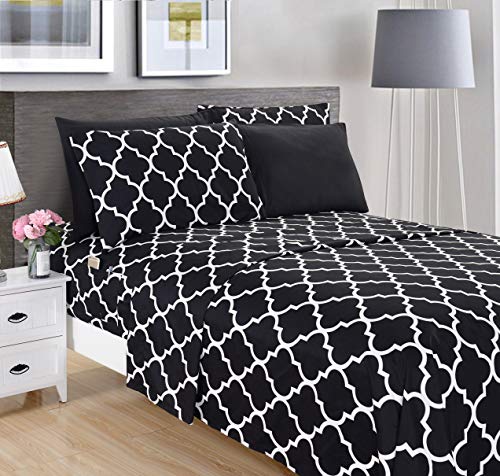 Elegant Comfort 6-Piece Quatrefoil Printed Deep Pocket Bed Sheet Set, Luxurious Silky 1500 Thread Count Bed Sheet Set Ultra Soft Wrinkle Resistant Bedding Set, King, Black
