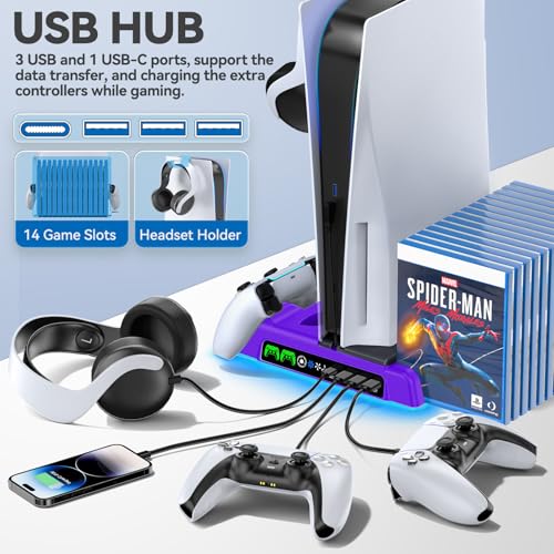 Image of PS5 /Slim /Pro Stand and Cooling Station with LED Controller Charging Station for PlayStation 5 Console, Controller Charger, Cooling Stand, PS5 /Slim /Pro Skin Accessories Kit with 3 Level Cooler Fan