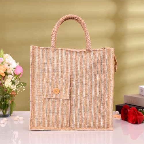 Image of Kuber Industries Grocery Bag | Jute Carry Bag | Lunch Bags for Office | Zipper Grocery Bag with Handle | Vegetable Bag | Lining Front Pocket Shopping Bag | Medium | Brown