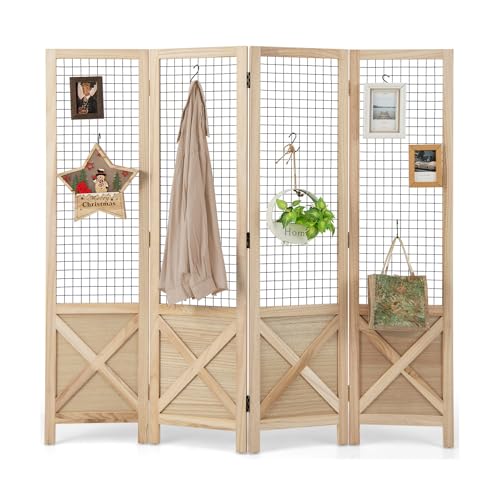 GOPLUS Paravent Interieur Pliant 4 Panneaux, Séparateur de Pièce Cloison de Séparation avec Grillage Métallique, Écran Décoratif de Confidentialité,...