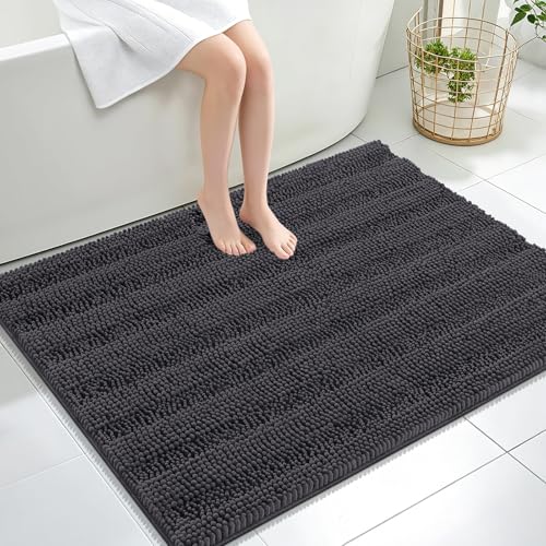 Image of OLANLY Thick Large Bathroom Rugs 40x32, Extra Soft Absorbent Chenille Striped Bath Rugs, Rubber Backing, Machine Wash, Bath Mats for Bathroom Floor, Tub and Shower, Home Decor Accessories, Dark Grey