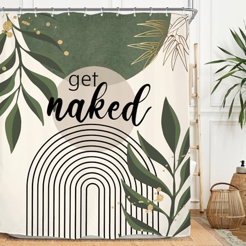 Miyotaa Abstract Minimalist Sage Green Shower Curtain Set 60Wx71H Inches Get Naked Aesthetic Modern Geometric Neutral Contemporary Plant Leaves Waterproof Bathroom Curtain with 12 Hooks