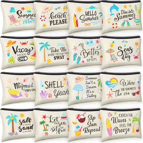 Kacctyen 16 Pcs Beach Makeup Bag Summer Cosmetic Bag Bulk with Zipper Portable Beach Essentials Kit Survival Kit Travel Make up Pouch Storage Pouch for Women Large Capacity Gift Travel Accessories