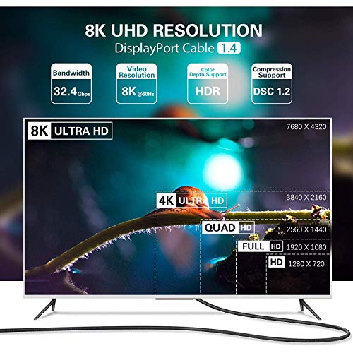 Cavo DisplayPort 1.4 8K 3m, BUSOHE Cavo Intrecciato da DisplayPort a DisplayPort (Cavo DP 1.4) 8K 60Hz, 4K 144Hz e HBR3 (Nero)