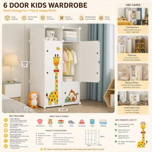 Image of 8 Door Foldable Plastic Wardrobe for Clothes Baby Cupboard for Clothes Storage, Wardrobe for Kids, Plastic Almirah, Collapsible Wardrobe for Living Room (White-O4, 6+2-Door)