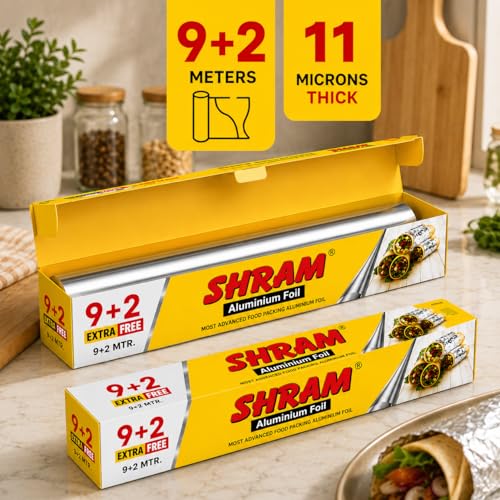 Image of SHRAM Aluminium Foil 9 Meter + 2 Meter Free | 11 Micron Food Grade Kitchen Foil Roll | Safe Paper Zigzag Cutter | Multipurpose Foil for Home, Hotel & Restaurant Use | Baking, Grilling & Food Wrapping