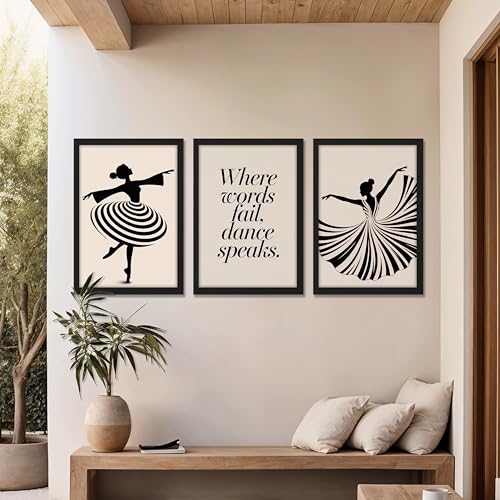 Image of NoWorries Minimalist Ballet Dancer Wall Art Framed Painting Set of 3 | Black & White Dance Silhouette Prints with Frame | inchWhere Words Fail, Dance Speaks inch Quote | Modern Aesthetic Ballet Decor Frames for Living Room, Bedroom and Studio, Framed Artwork Ready to Hang (Art-10, 10x13inch, Wooden)