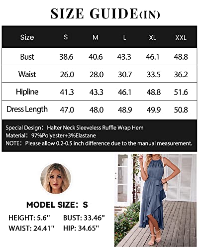 Dowerme Women's 2023 Casual Midi Satin Dresses Halter Neck Sleeveless Belted Ruffle Solid Wrap Club Prom Cocktail Dress(Solid Grey Blue,Xx-Large) #TOP5