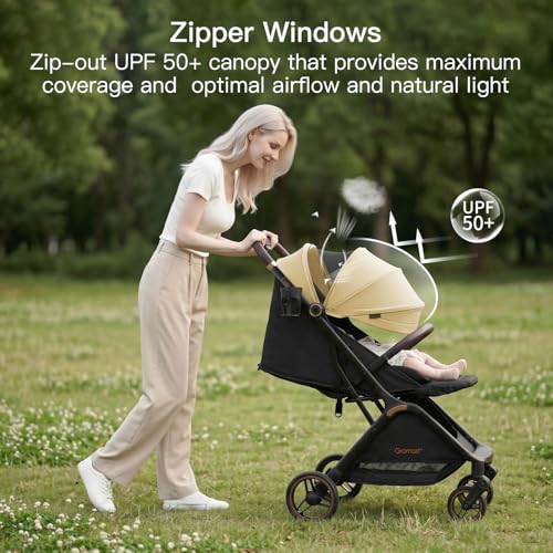 Image of Gromast Gravity Folding Baby Stroller - Portable Travel Toddler Stroller w /Adjustable Backrest, Canopy & Cup Holder, Lightweight and UV Protected, One-Hand Automatic Folding - Beige