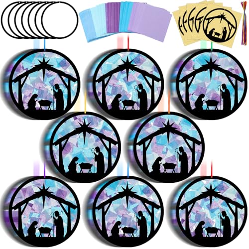 Eersida 32 Sets Christmas Nativity Suncatchers Craft Kit DIY Christianity Tissue Paper VBS Sunday School Craft Make a Nativity Tissue Paper Kit for Holy Night Christian Religious Lent Bible Window Art
