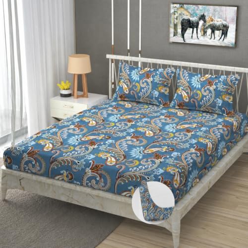 Image of Vram Premium Heavy Cotton Elastic Fitted Bedsheets with 2 King Size Pillow Covers || Double Bed with All Around Elastic 350 TC || 72 x 72 x 10 Inch King Size Fitted || :- Blue Jaipuri