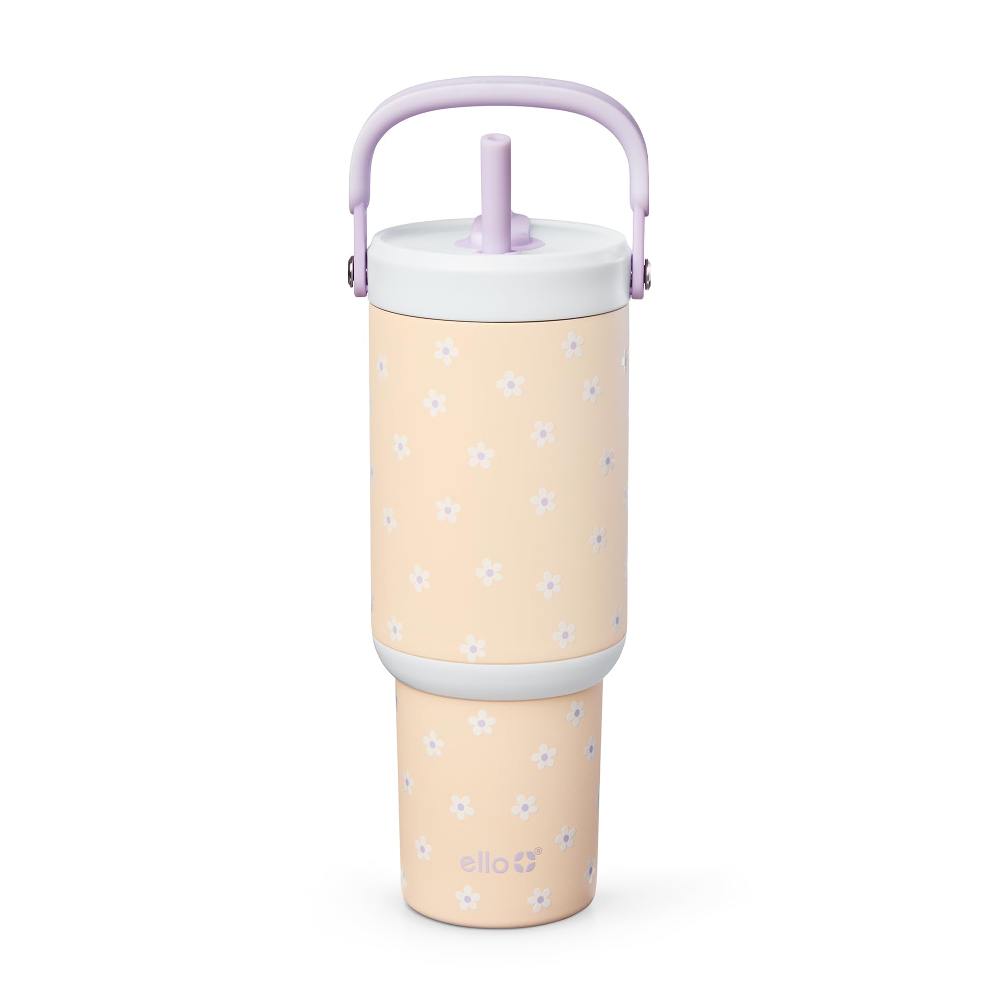 ello oasis go+ 26oz tumbler with top handle and retracting straw | reusable insulated stainless steel cup, 100% leakproof water bottle, 24 hours cold, cup holder friendly for travel | daisies