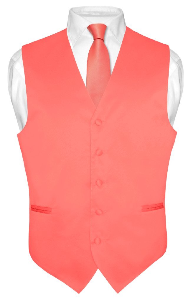 Men's Dress Vest & NeckTie Solid CORAL PINK Color Neck Tie Set for Suit or Tux