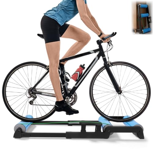 Bike Rollers Indoor Trainer Portable Bike Roller for Road/Mountain/City Bikes Quiet PP Rollers with Conical Design Adjustable 24-28 Wheels Foldable No Power Required (Blue) (A)