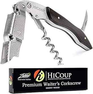 Hicoup Wine Opener - Professional Corkscrews for Wine Bottles w/Foil Cutter and Cap Remover - Manual Wine Key for Servers, Waiters, Bartenders and Home Use - Stainless Steel With Red Pear Wood Inlay