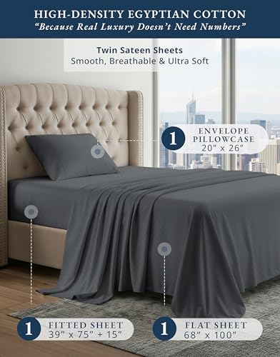 Image of LANE LINEN Black Twin Sheets 100% Egyptian Cotton Sateen - Charcoal | 100% Cotton Twin Sheets - 3-Piece Set, Ideal For Dorms And Guest Beds, For Guests And Everyday Use, Luxe Sheen,