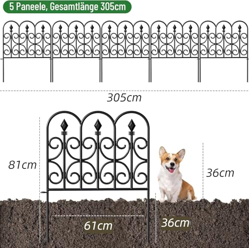 Amagabeli Metall Gartenzaun 5 Stück, 81cm(H) x 3.05m(L), Rostfreier Wetterfest Steckzaun für Beete, Hunde & Teiche, Dekorative Zaunelemente, Komplettset, Einfache Montage
