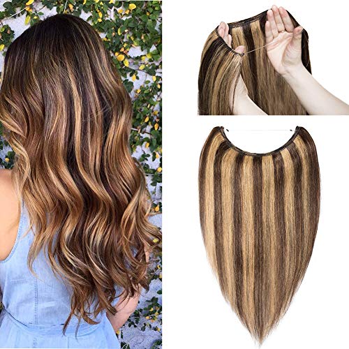 Hidden Invisible Crown Flip on Human Hair Extension One Piece Secret Miracle Wire in Hairpieces Highlight Remy Hair Translucent Fish Line Headband 65g 18'' #4P27 Medium Brown mix Dark Blonde