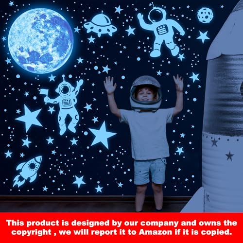 Image of Glow in The Dark Stars for Ceiling Glow in The Dark Moon and Planet Wall Decal Luminous Astronaut Universe Galaxy Space Wall Stickers Outer Space Decal for Kids Boys Bedroom Christmas Gift