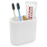Toothbrush Holder with Bamboo Divider,Detachable for Easy Cleaning Multi-Functional Storage,2 Slots Electric Toothbrush and Toothpaste Organizer Caddy for Bathroom Vanity,Sink,Countertop (White)