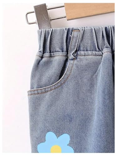 Verdusa Girl's Cute Floral Jeans Elastic High Waisted Straight Leg Casual Denim Pants4