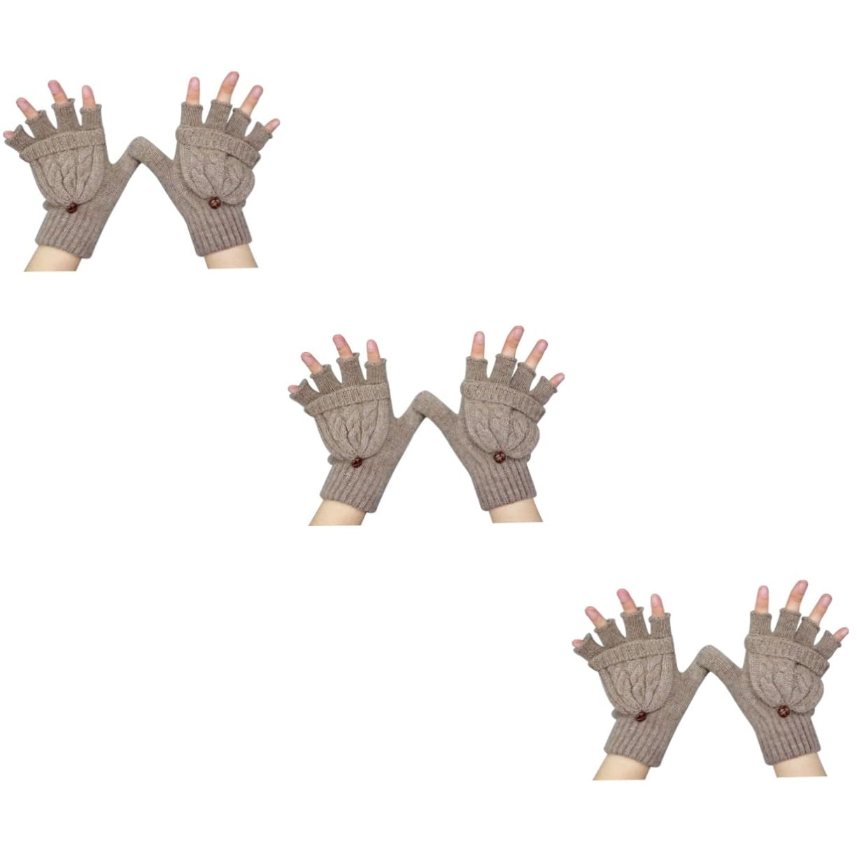 LIFKOME 3piezas Guantes De Lana Cálidos y Convertibles Para Mujer Con Cubierta De Mitón Sin Dedos Trenzado Color Marrón Para Frío
