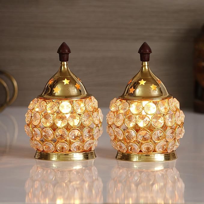 Image of Brass Diwali Diya Crystal Oil Lamp 6 and 5 Inch Pack of 2| Akhand Diya for Pooja, Mandir & Home Dcor | Borosilicate Glass Batti Lamp with Wick Holder & Golden Lid | Light for Festive & Gifting