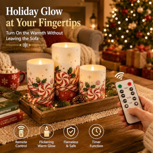 Image of Tujoe 3 Pcs Christmas Candy Cane Flameless Candle LED Battery Pillar Candle