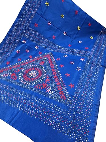 Image of SHRISTI CLOTHINGS Women's Hand Embroidered Cotton Silk Kantha Stitch Saree with Blouse Piece (SB4200924 BLUED75)