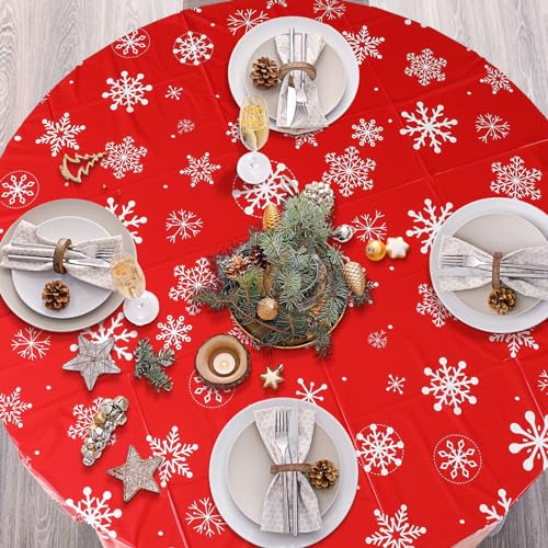Image of Ganeen 6 Pcs Christmas Snowflakes Table Cover Decorations 84 Inch Red and White Plastic Tablecloth Winter Snowflake Holiday Party Decorations Table Cover for Christmas New Year Party Supplies