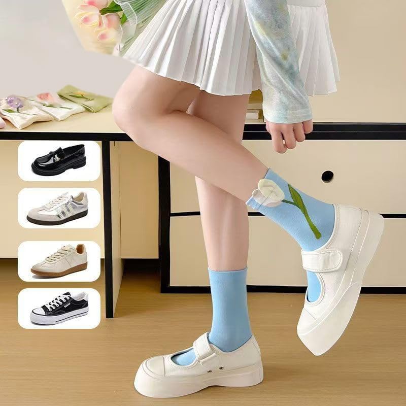 MarJunSep Cute Floral Crew Socks for Women Teen Girls Flower Cottagecore Frilly Vintage Fancy Cotton Socks - Image 6