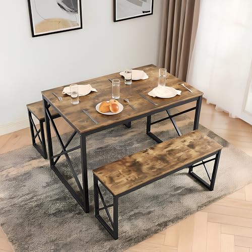 Image of VECELO 43.3 inch Kitchen Dining Table Set for 4, Heavy-Duty Steel Frame & Wood-Grain Tabletop, Space-Saving Dinette Sets with 2 Benches for Breakfast Nook and Small Space, Brown