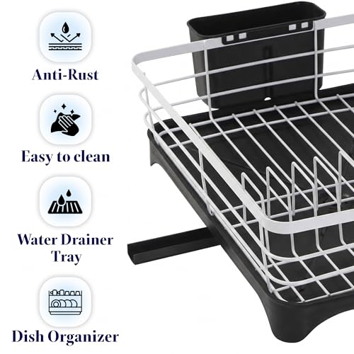 Image of Kuber Industries Stainless Steel Kitchen Drying Rack with Drain Tray & Cutlery Holder | Countertop Utensils Stand | Dish Rack for Kitchen | Bartan Stand | White