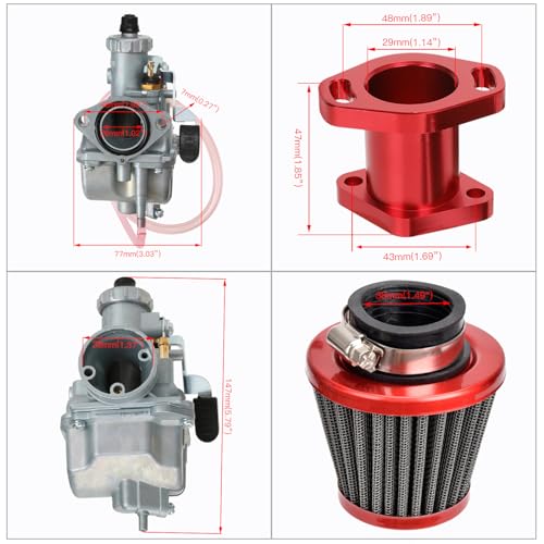 Image of FVRITO Performance VM22 26mm Carburetor Carb for Predator 212cc 196cc Coleman CT200U BT200X Mini Bike KT196 Go Kart GX160 GX200 6.5hp Clone Engine with 38mm Air Filter Intake Manifold Stage 1 Kit Red