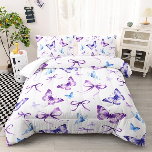 Image of AILONEN Queen Purple Butterfly Comforter Set, Blue Watercolor Ribbon Bedding, Floral Bow Decor, Lightweight Cozy Microfiber Luxury Guest Master Bedroom