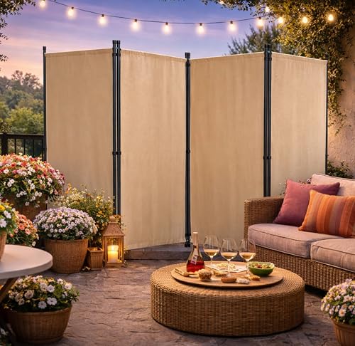 QUICK STAR Paravent 4 Teilig 165 x 220 cm Beige - Garten & Balkon Sichtschutz Stellwand Innen & Außen - Raumteiler Trennwand Faltbar Blickdicht & Wetterfest
